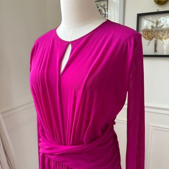 Fuzzi Italy Magenta Fuchsia Fluid Mesh Tulle Midi Long Sleeve Dress $450 20 - Picture 4 of 9